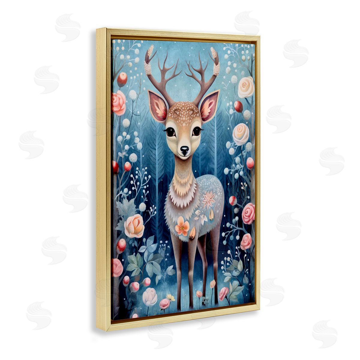 Woodland Pattern Deer Gold Floating Frame Canvas Wall Art, Home Decor by The Dutch Lady