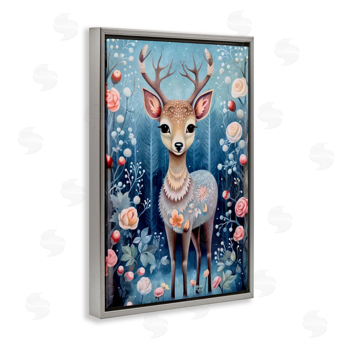 Woodland Pattern Deer Grey Floating Frame Canvas Wall Art, Home Decor by The Dutch Lady