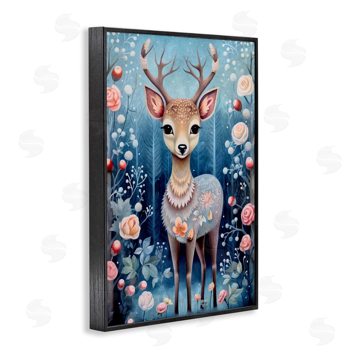 Woodland Pattern Deer Black Frame Print Wall Art, Home Decor by The Dutch Lady