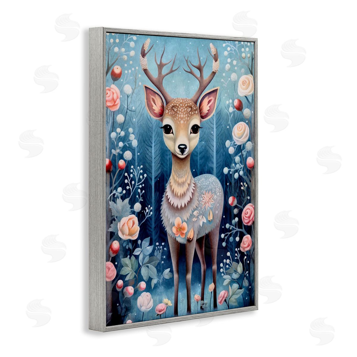 Woodland Pattern Deer Grey Frame Print Wall Art, Home Decor by The Dutch Lady