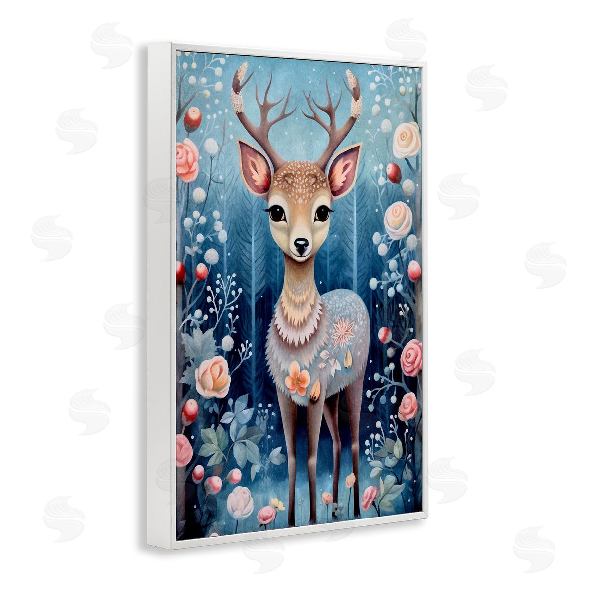 Woodland Pattern Deer White Frame Print Wall Art, Home Decor by The Dutch Lady
