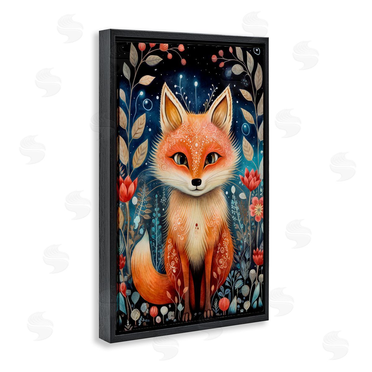 Woodland Pattern Fox Black Floating Frame Canvas Wall Art, Home Decor by The Dutch Lady