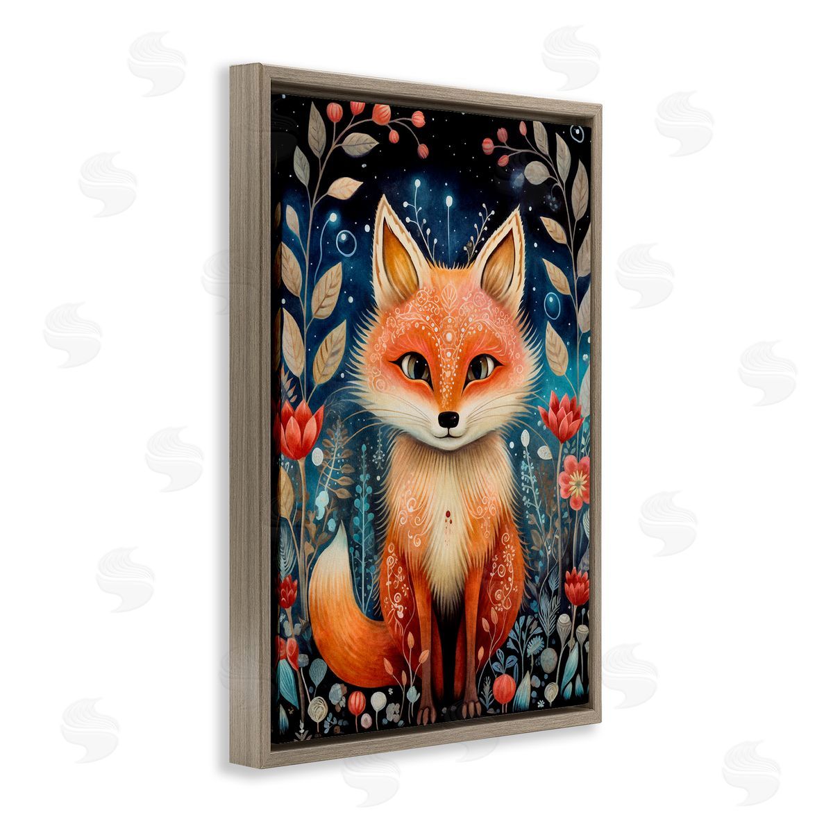 Woodland Pattern Fox Brown Floating Frame Canvas Wall Art, Home Decor by The Dutch Lady