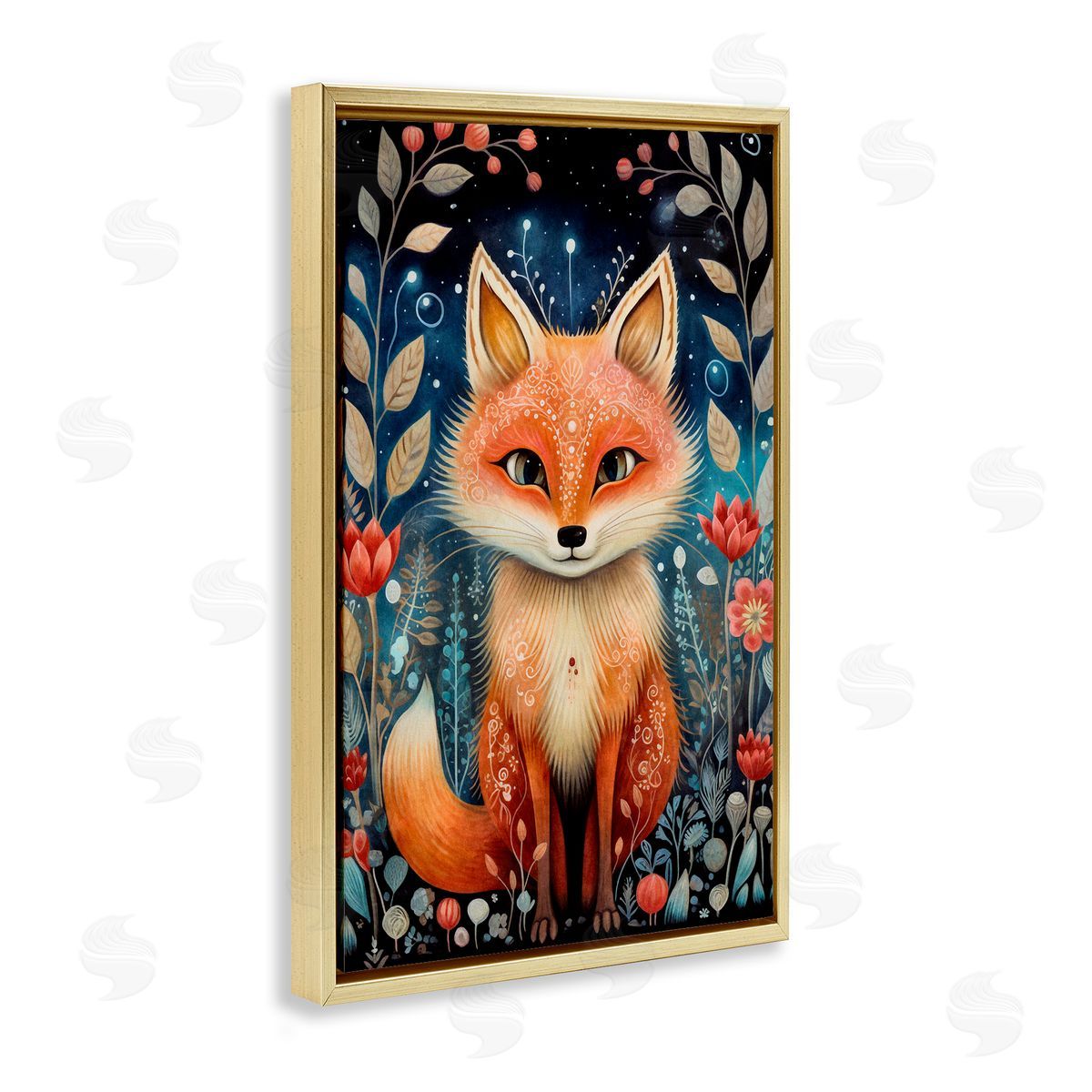 Woodland Pattern Fox Gold Floating Frame Canvas Wall Art, Home Decor by The Dutch Lady