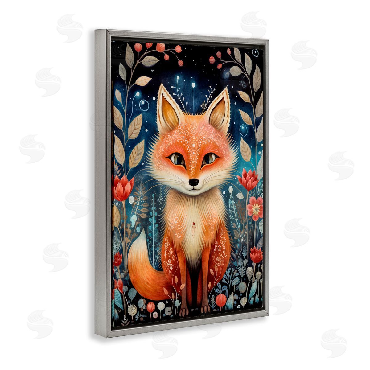 Woodland Pattern Fox Grey Floating Frame Canvas Wall Art, Home Decor by The Dutch Lady
