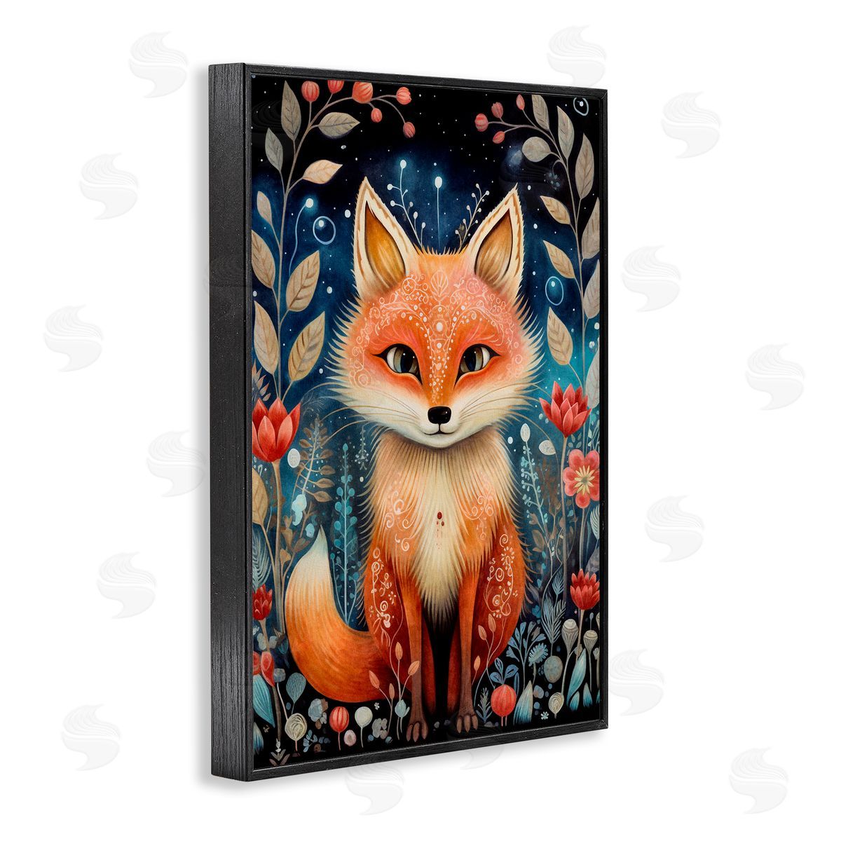 Woodland Pattern Fox Black Frame Print Wall Art, Home Decor by The Dutch Lady