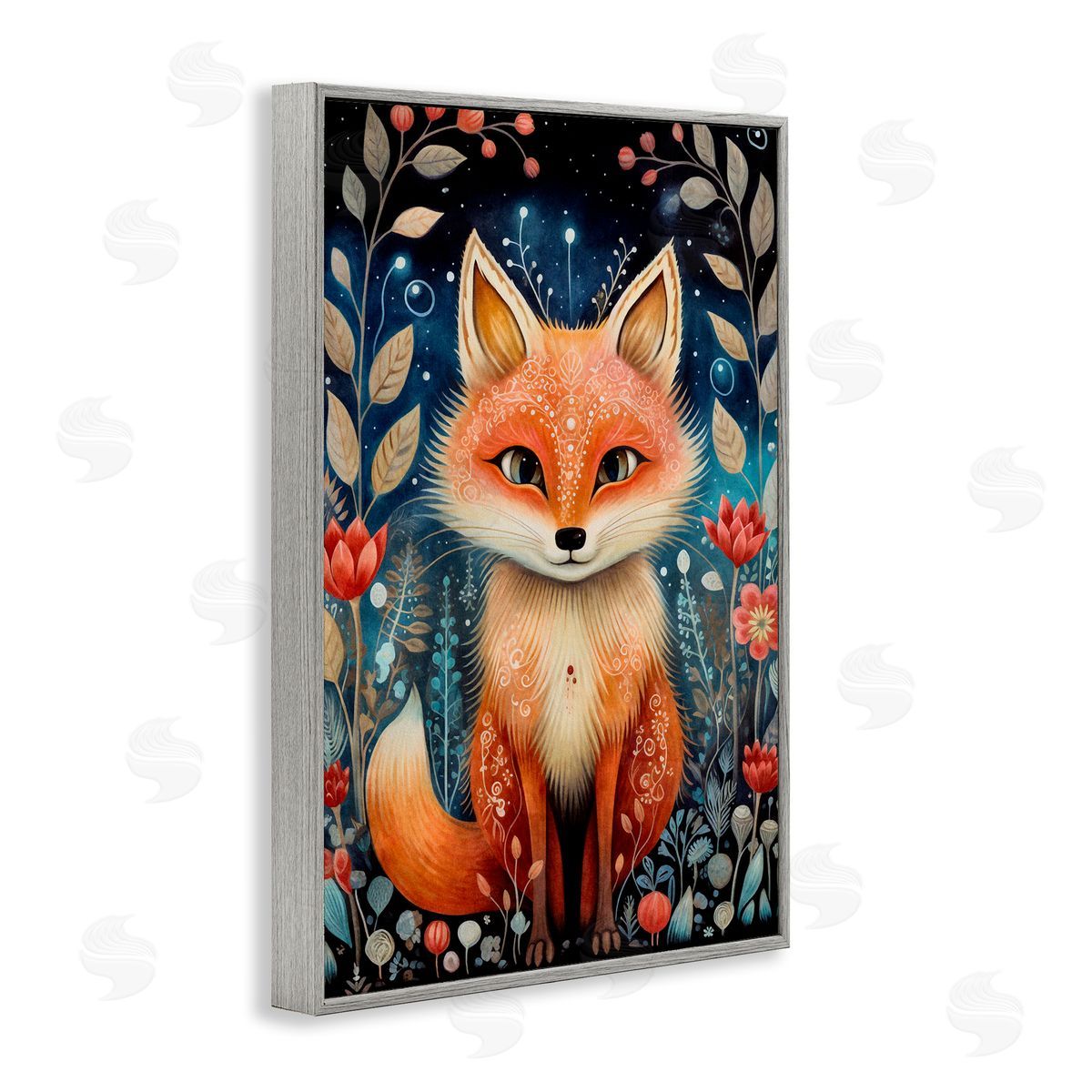 Woodland Pattern Fox Grey Frame Print Wall Art, Home Decor by The Dutch Lady