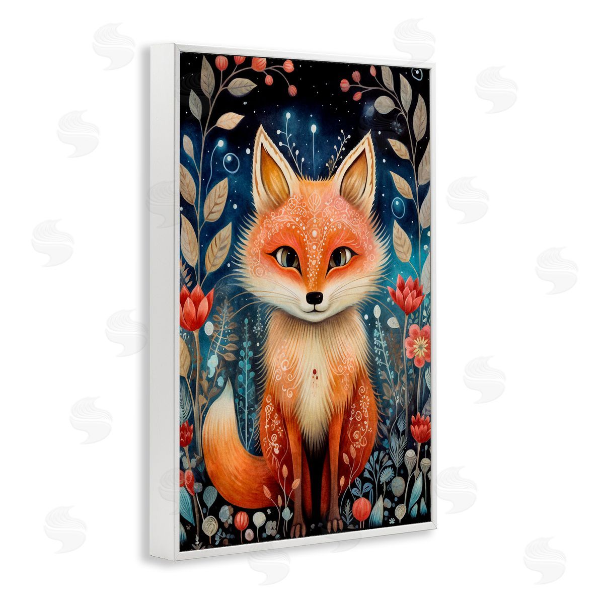 Woodland Pattern Fox White Frame Print Wall Art, Home Decor by The Dutch Lady
