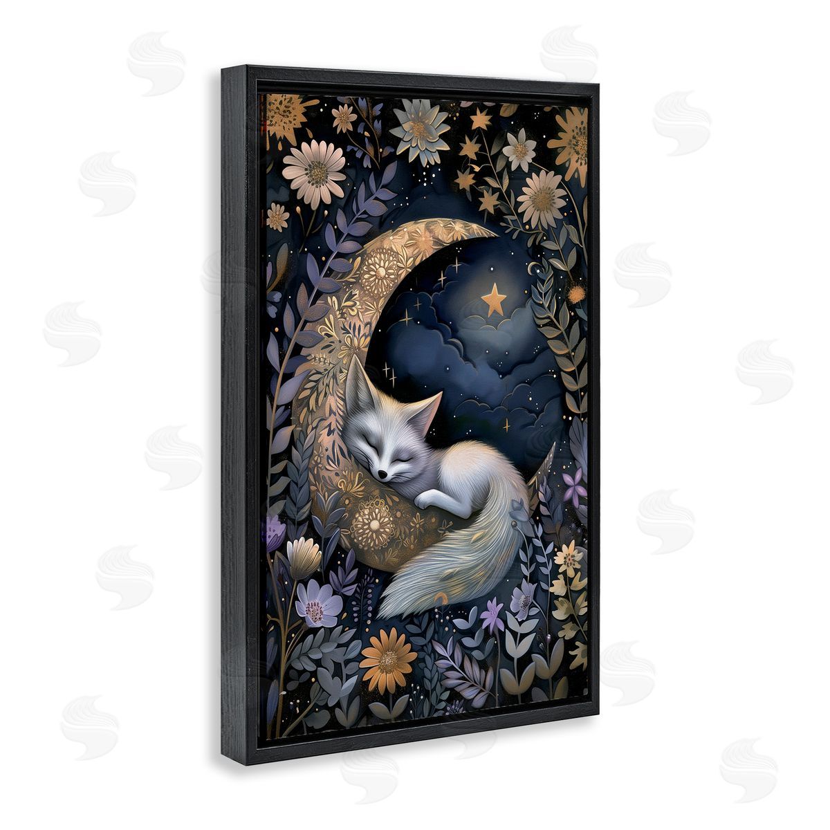 Fox Sleeping on Moon Black Floating Frame Canvas Wall Art, Home Decor by The Dutch Lady