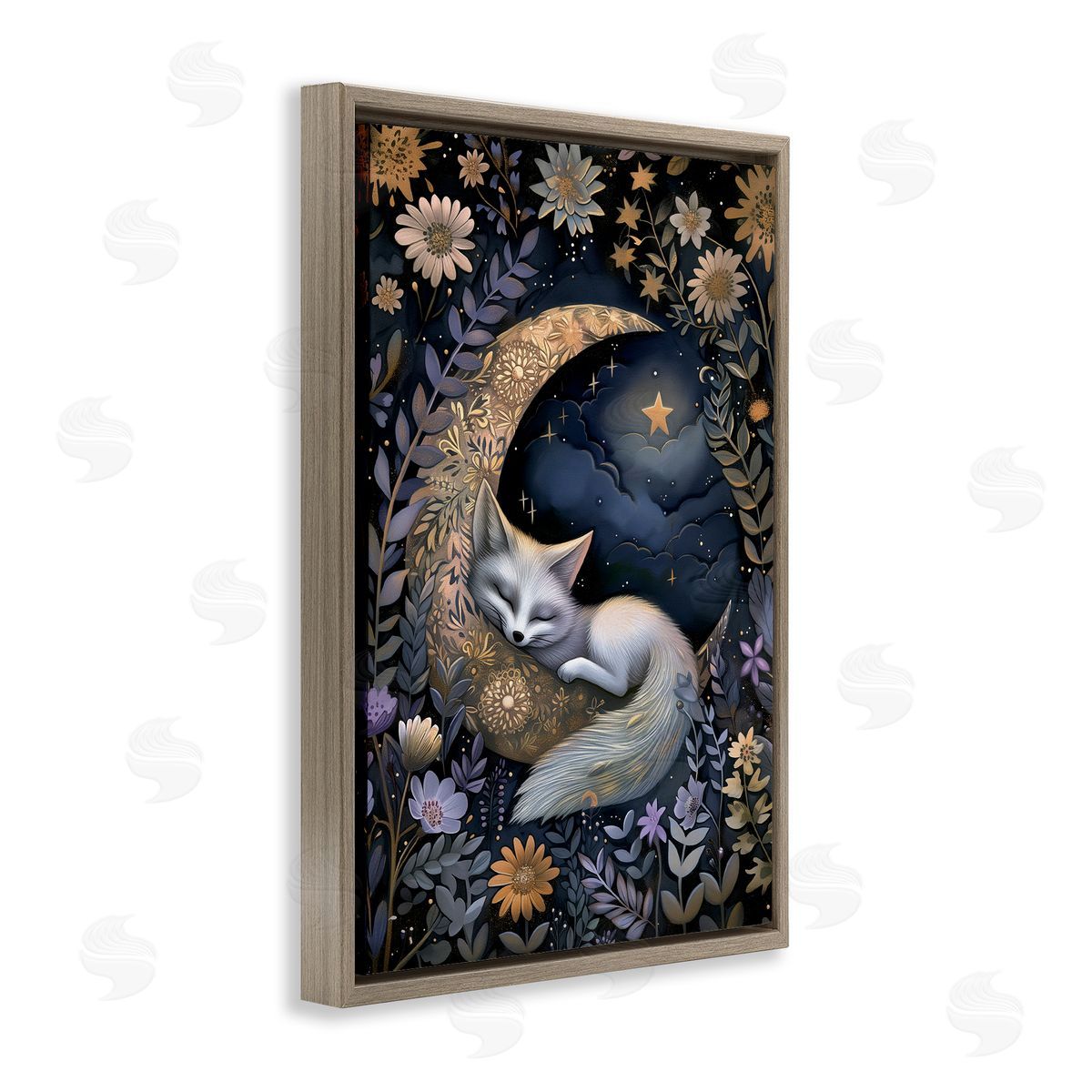 Fox Sleeping on Moon Brown Floating Frame Canvas Wall Art, Home Decor by The Dutch Lady