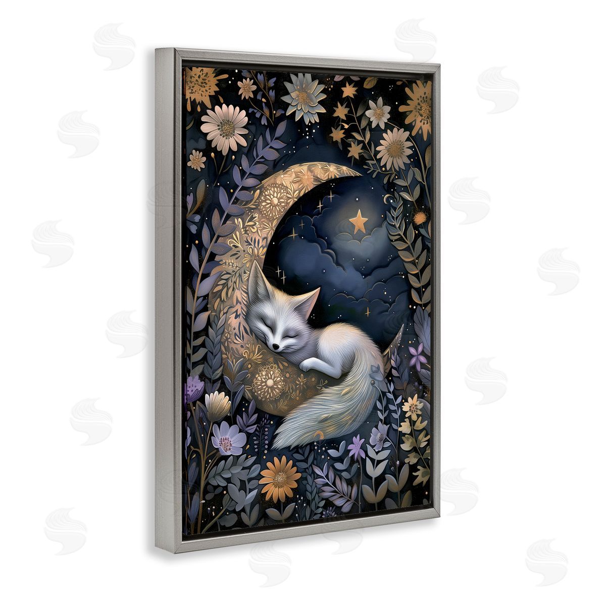 Fox Sleeping on Moon Grey Floating Frame Canvas Wall Art, Home Decor by The Dutch Lady