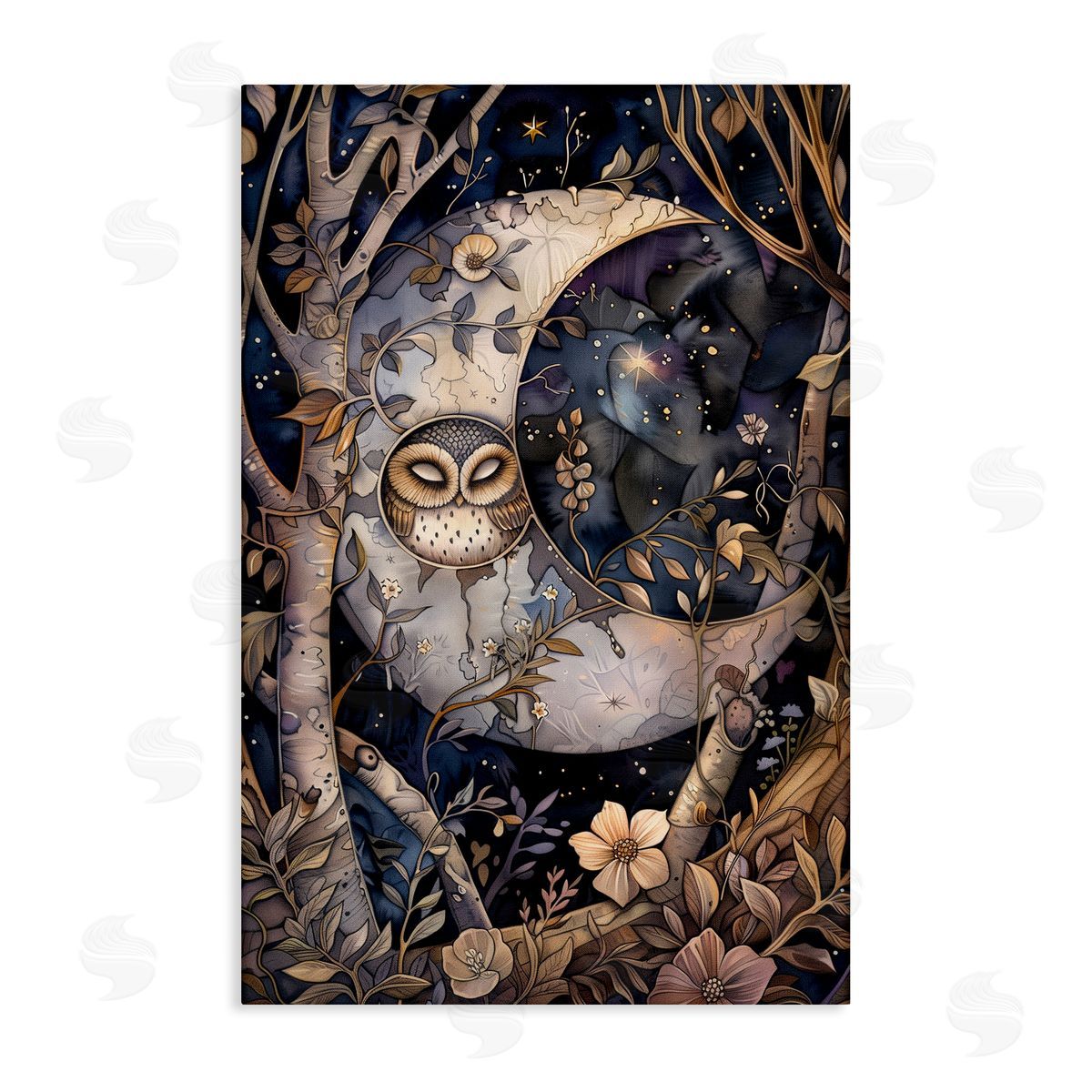 Moon Owl Sleeping Canvas Wall Art, Home Decor by The Dutch Lady