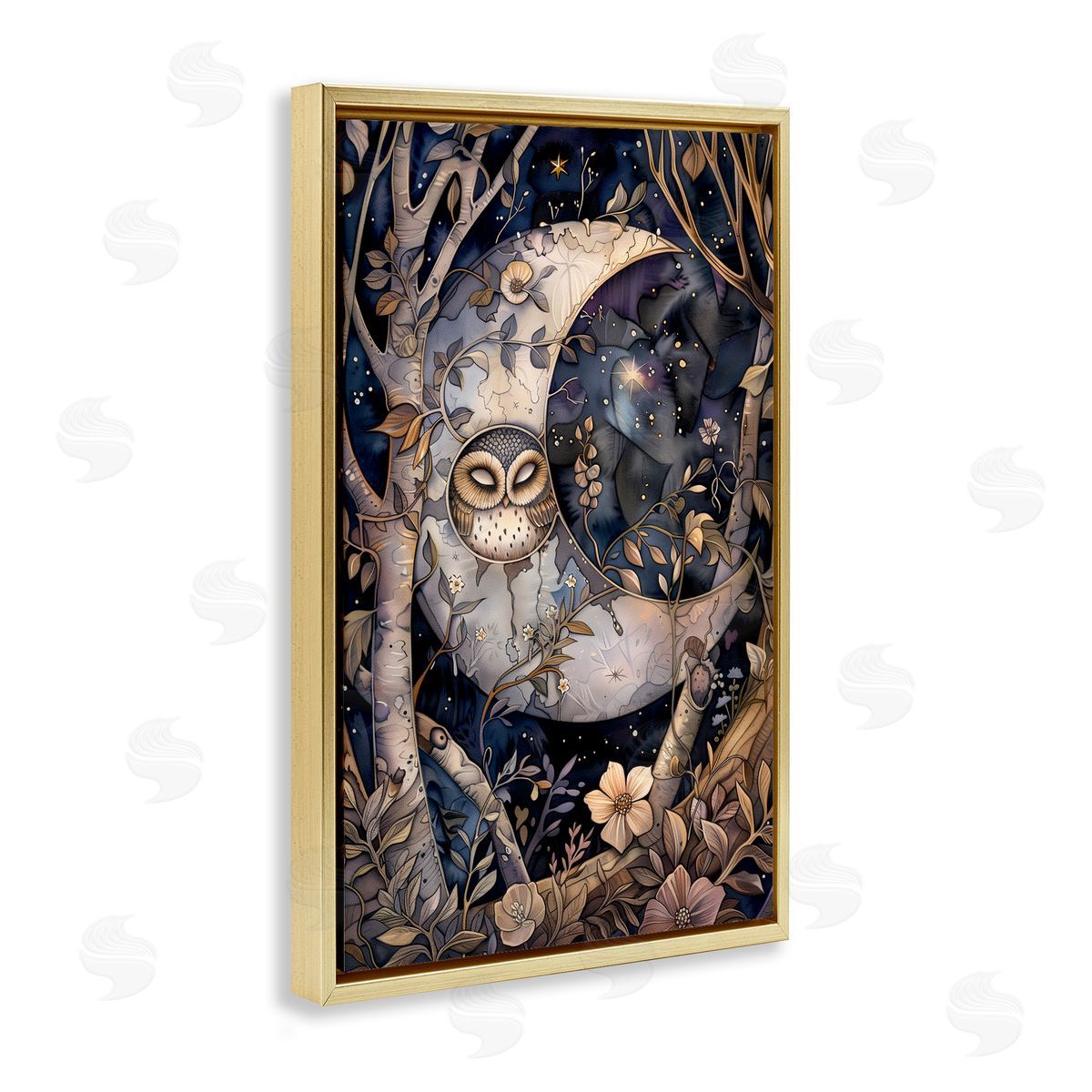 Moon Owl Sleeping Gold Floating Frame Canvas Wall Art, Home Decor by The Dutch Lady