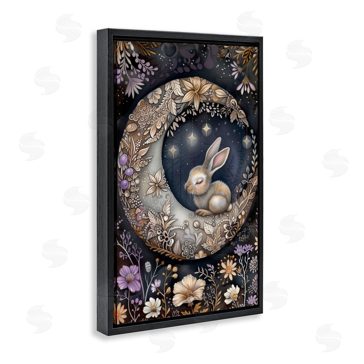 Rabbit Sleeping on Moon Black Floating Frame Canvas Wall Art, Home Decor by The Dutch Lady