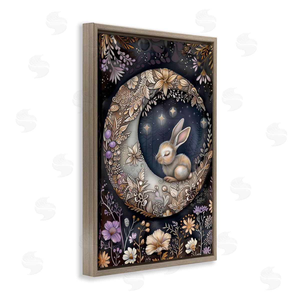 Rabbit Sleeping on Moon Brown Floating Frame Canvas Wall Art, Home Decor by The Dutch Lady