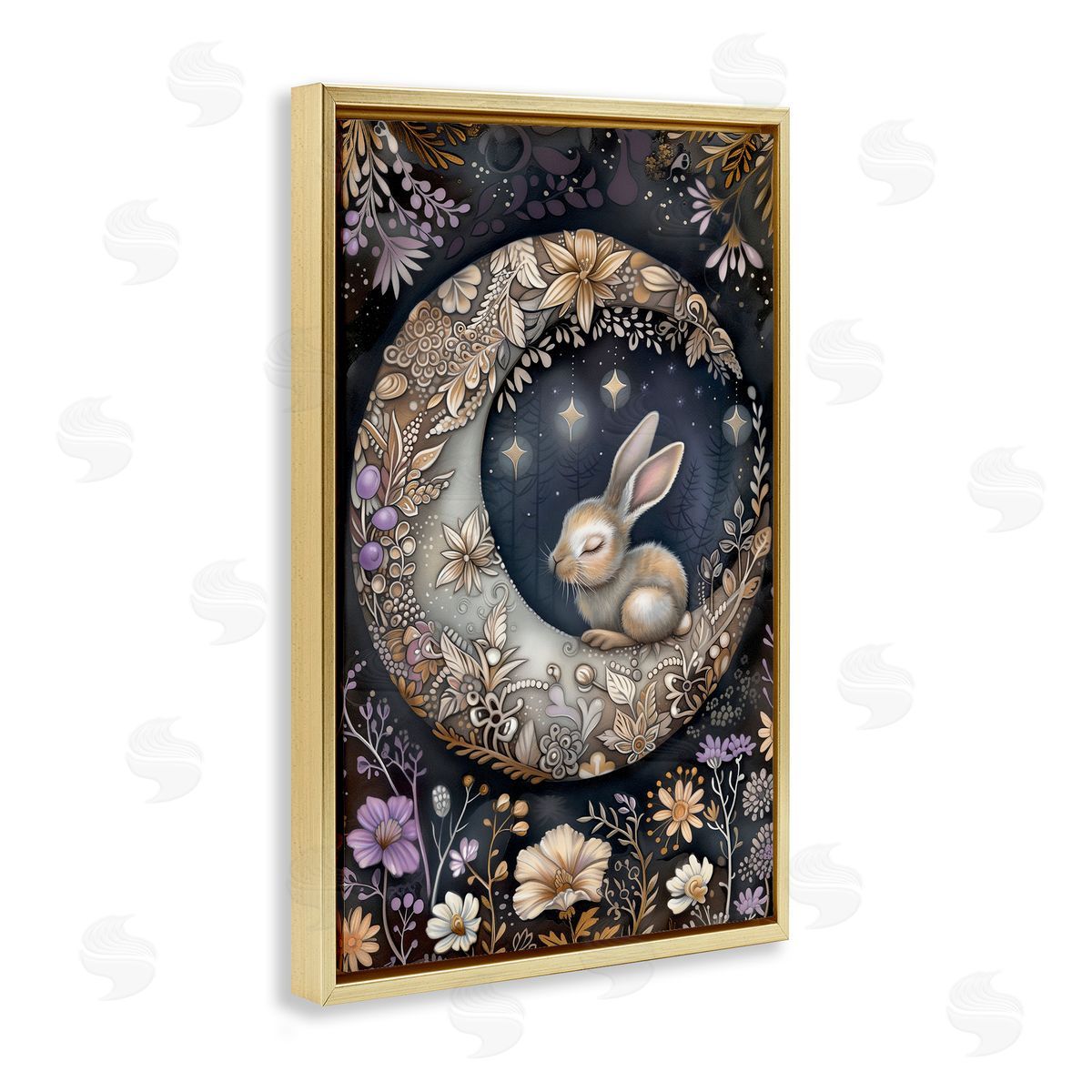 Rabbit Sleeping on Moon Gold Floating Frame Canvas Wall Art, Home Decor by The Dutch Lady