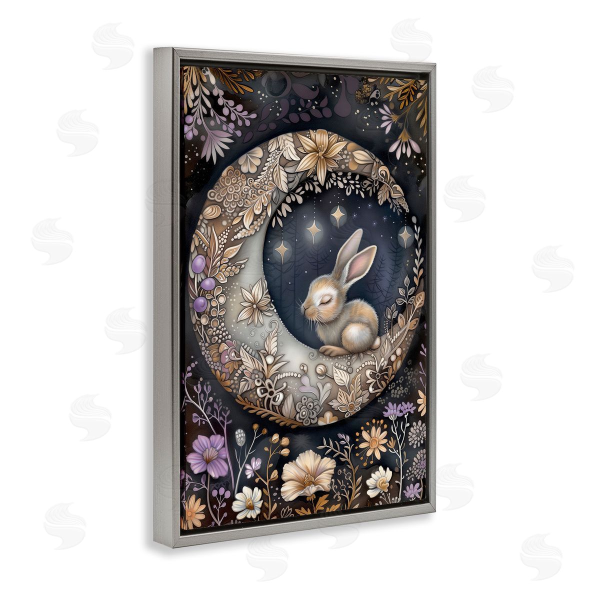 Rabbit Sleeping on Moon Grey Floating Frame Canvas Wall Art, Home Decor by The Dutch Lady