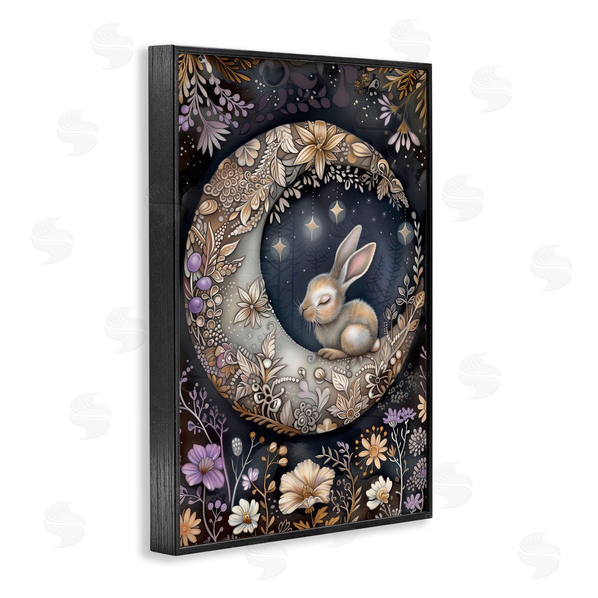 Rabbit Sleeping on Moon Black Frame Print Wall Art, Home Decor by The Dutch Lady