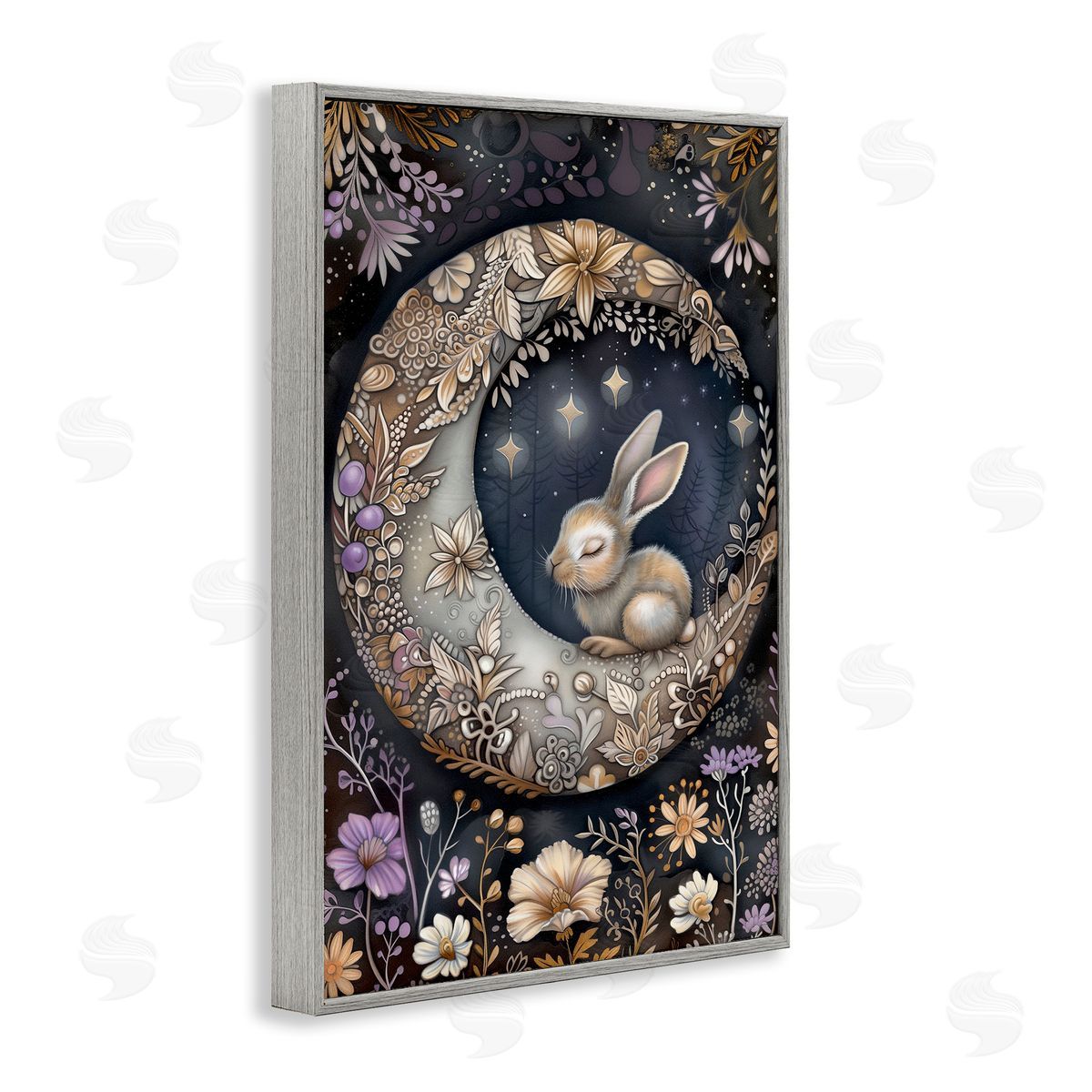 Rabbit Sleeping on Moon Grey Frame Print Wall Art, Home Decor by The Dutch Lady