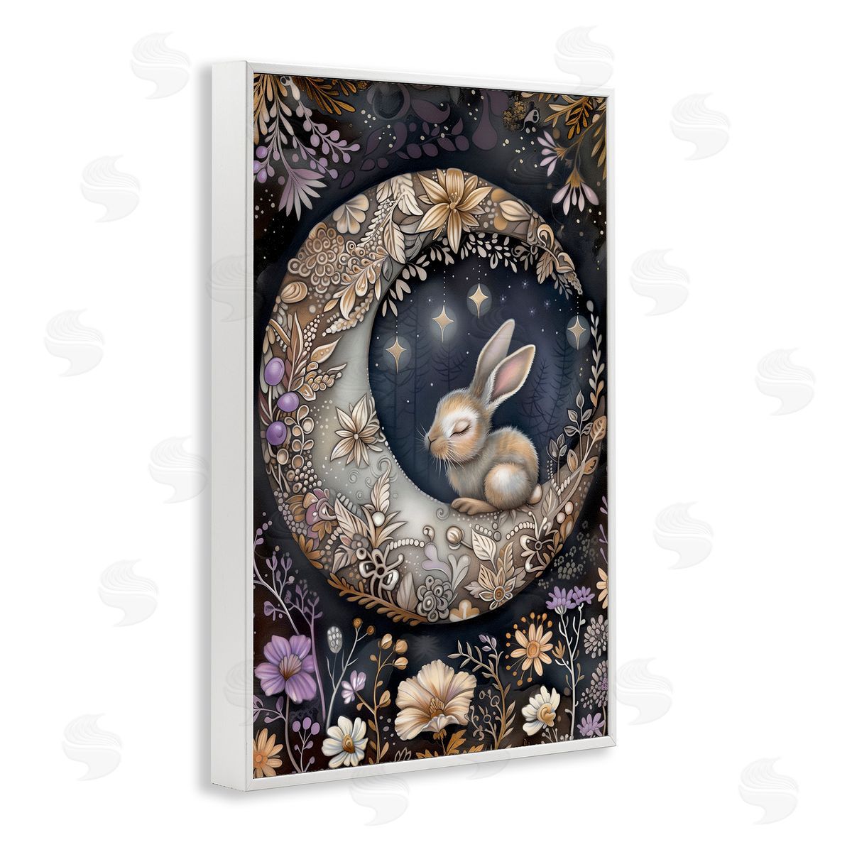 Rabbit Sleeping on Moon White Frame Print Wall Art, Home Decor by The Dutch Lady