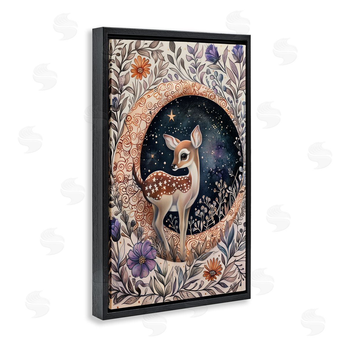 Floral Fawn and Moon Black Floating Frame Canvas Wall Art, Home Decor by The Dutch Lady