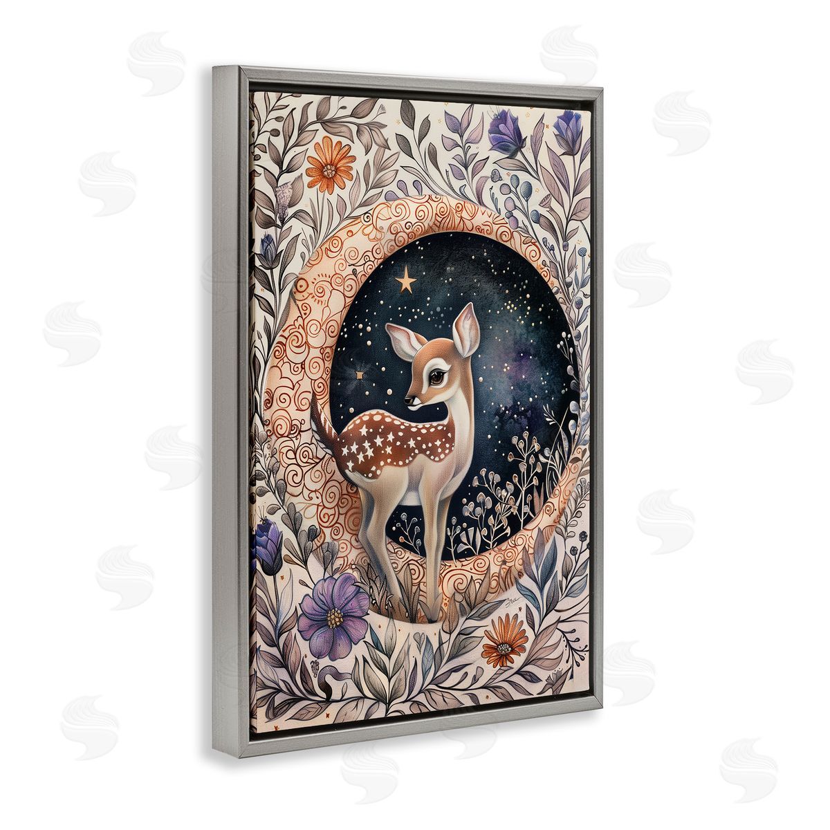 Floral Fawn and Moon Grey Floating Frame Canvas Wall Art, Home Decor by The Dutch Lady