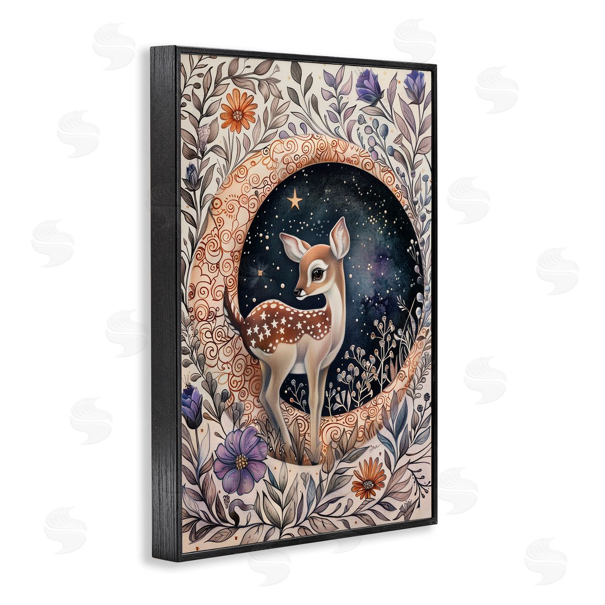 Floral Fawn and Moon Black Frame Print Wall Art, Home Decor by The Dutch Lady