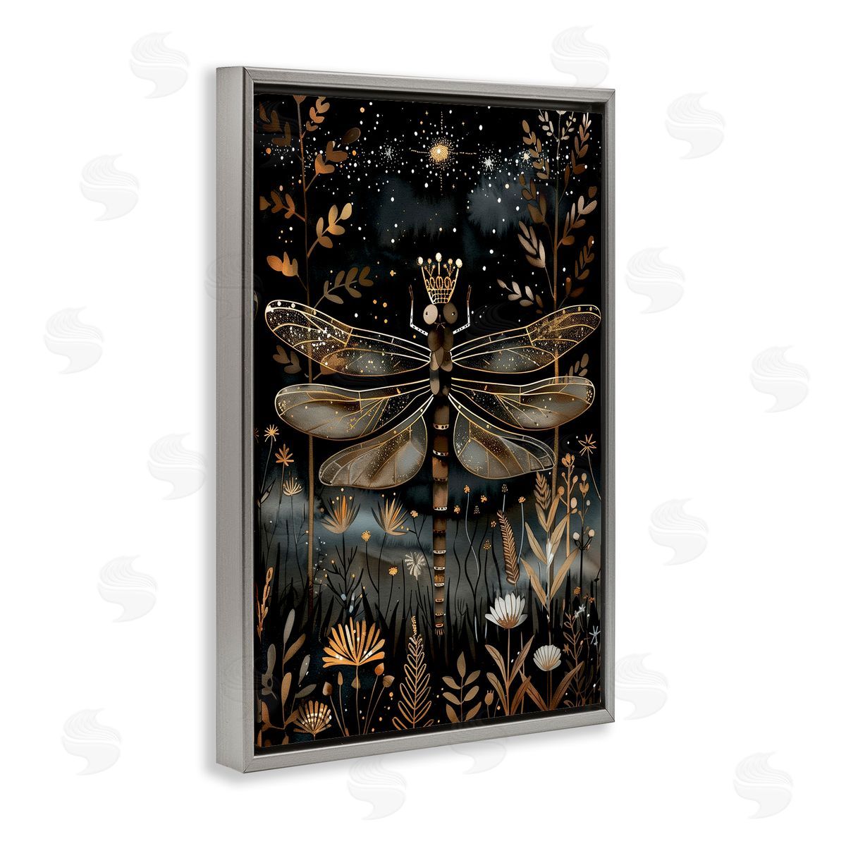 Regal Gilded Dragonfly Grey Floating Frame Canvas Wall Art, Home Decor by The Dutch Lady