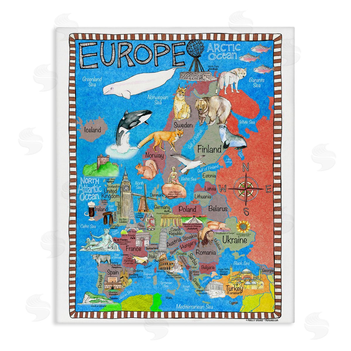 Europe Animal Map Canvas Wall Art, Home Decor by Marley Ungaro