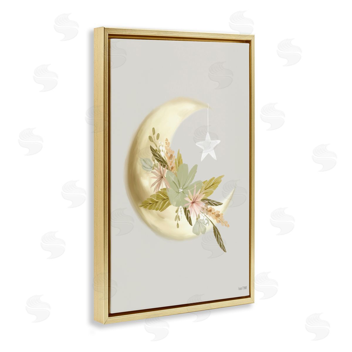 Moon with Flowers Gold Floating Frame Canvas Wall Art, Home Decor by House Fenway