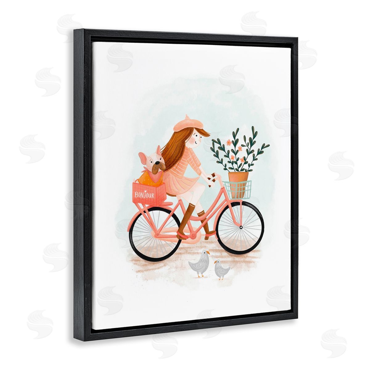 Paris Girl on Bike Black Floating Frame Canvas Wall Art, Home Decor by Fineapple Pear