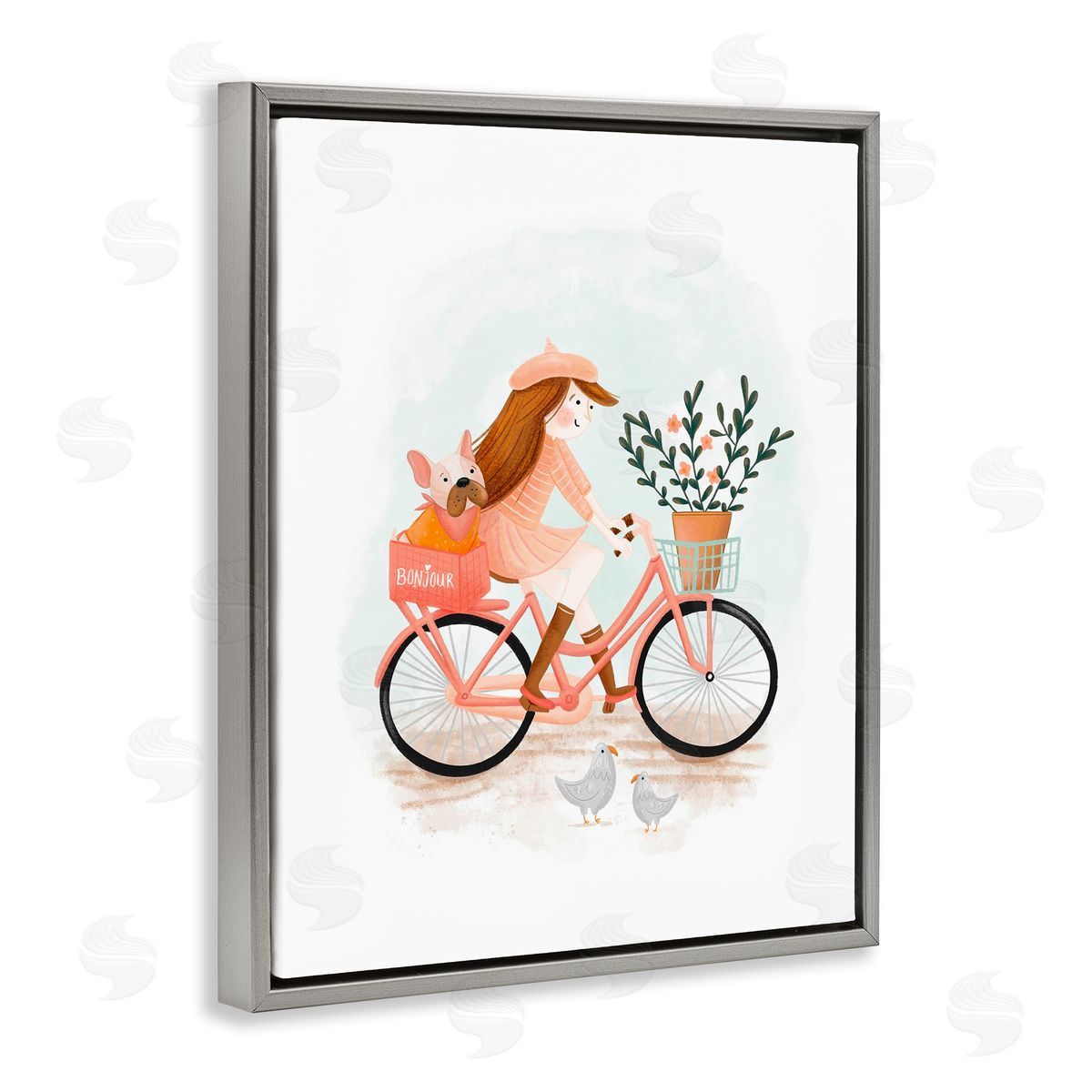 Paris Girl on Bike Grey Floating Frame Canvas Wall Art, Home Decor by Fineapple Pear
