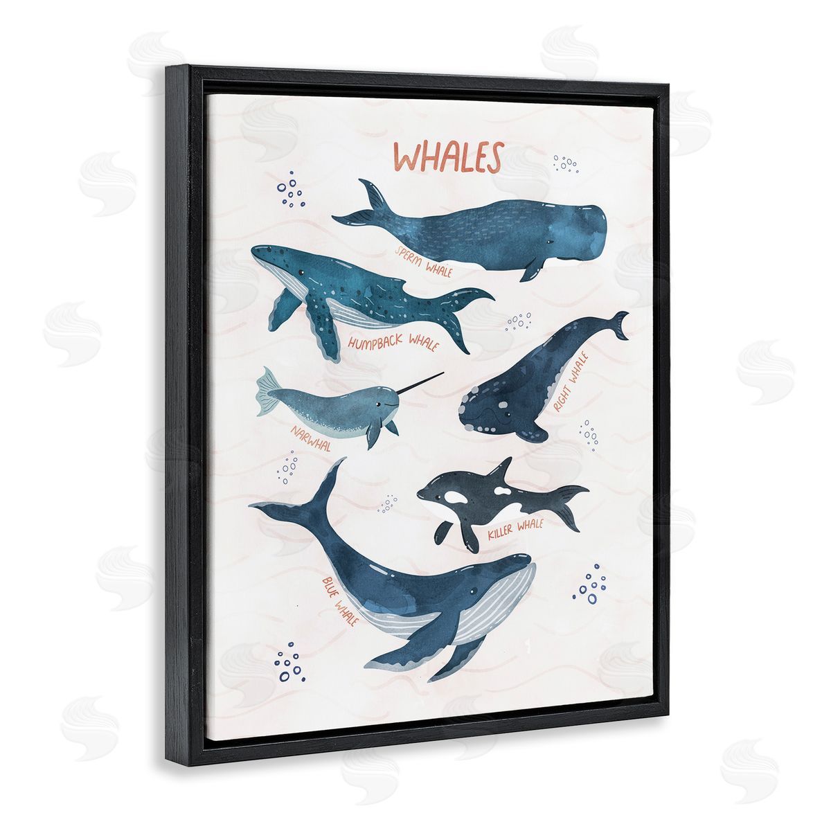Whales of the World Black Floating Frame Canvas Wall Art, Home Decor by Nina Blue