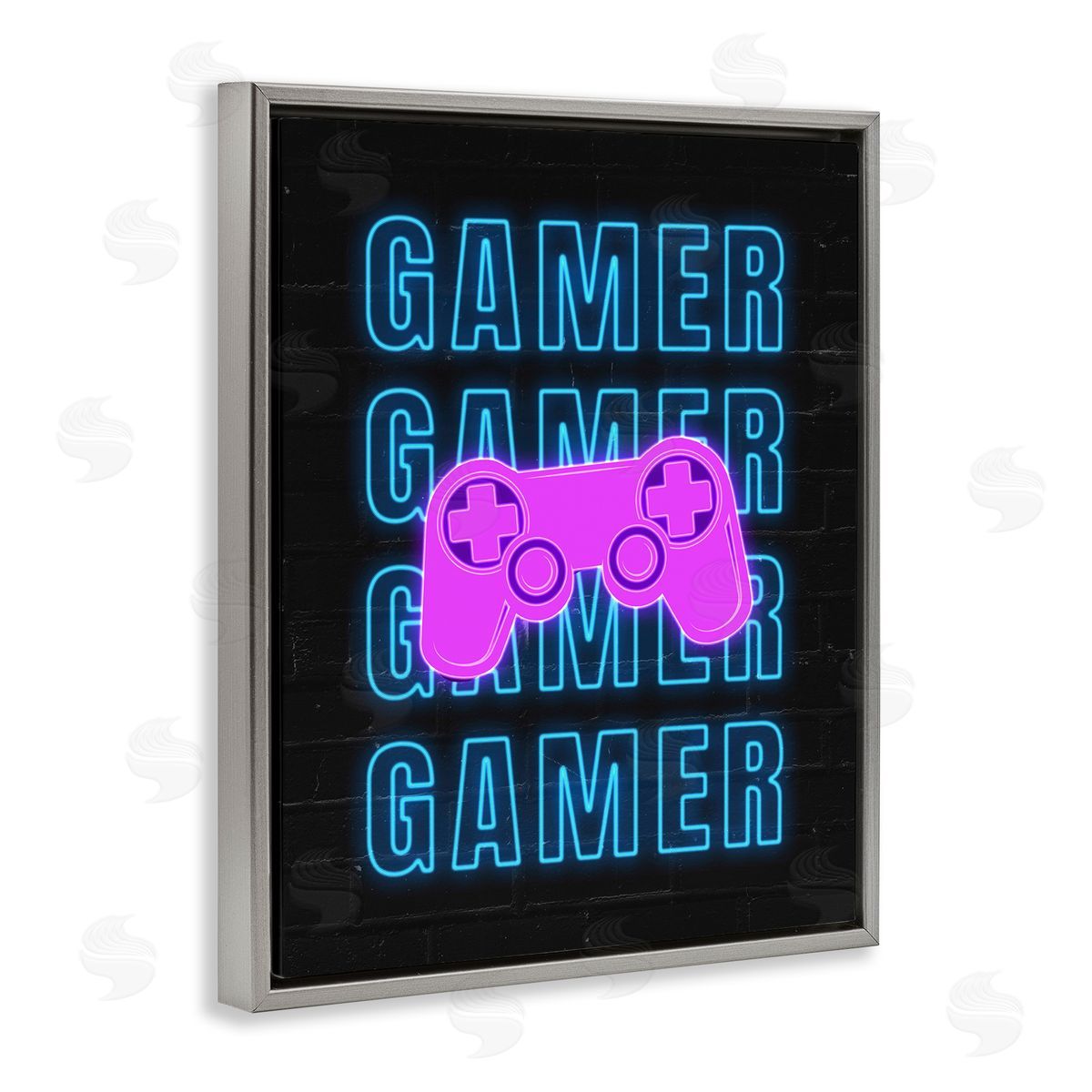 Neon Gamer Words Grey Floating Frame Canvas Wall Art, Home Decor by Nina Blue