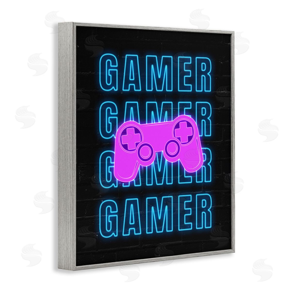 Neon Gamer Words Grey Frame Print Wall Art, Home Decor by Nina Blue