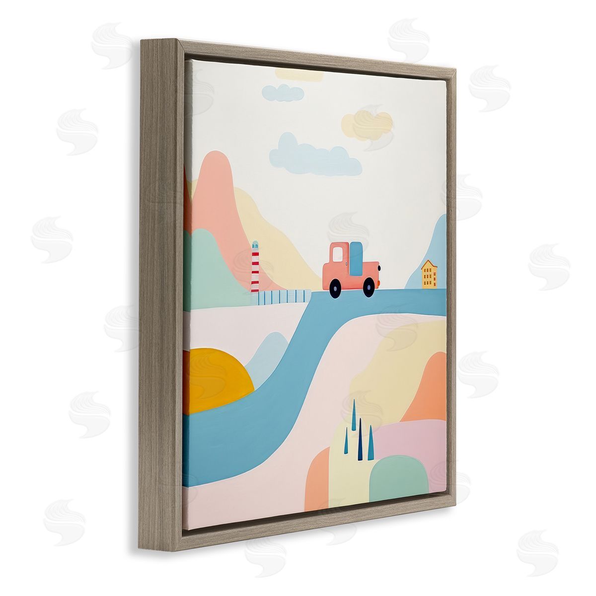 Pastel Landscape Scene Brown Floating Frame Canvas Wall Art, Home Decor by Lazar Studio
