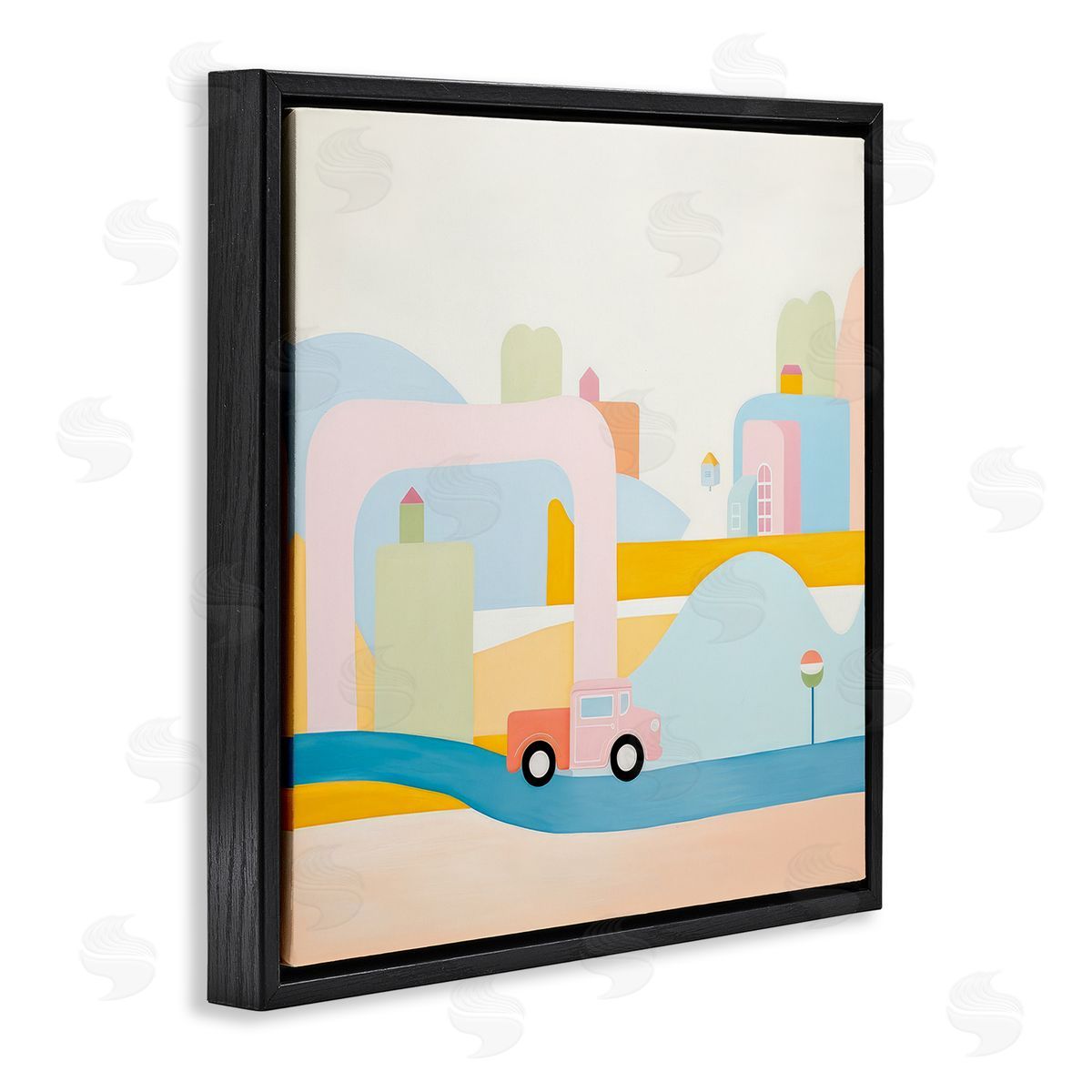Pastel Car in Landscape Black Floating Frame Canvas Wall Art, Home Decor by Lazar Studio