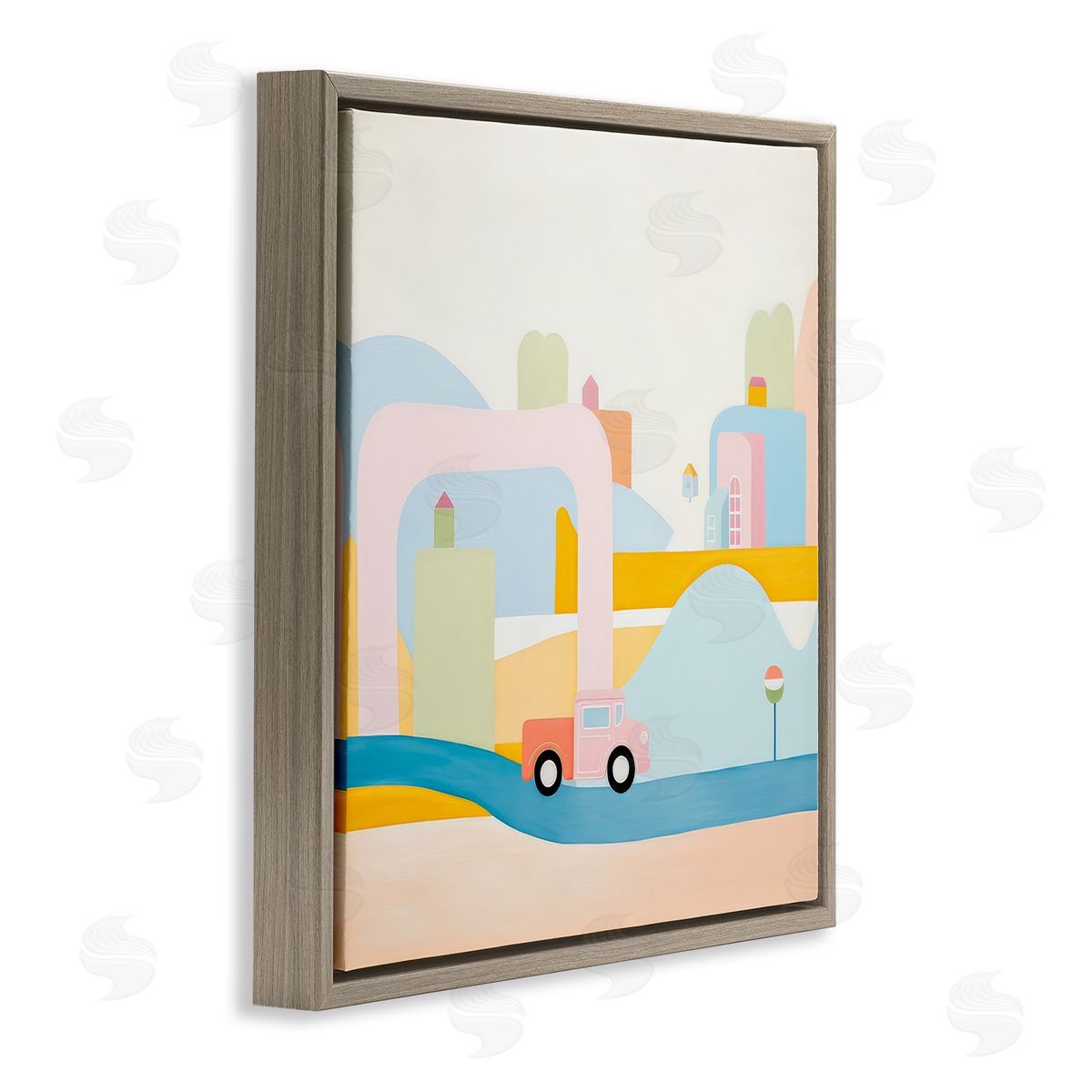Pastel Car in Landscape Brown Floating Frame Canvas Wall Art, Home Decor by Lazar Studio