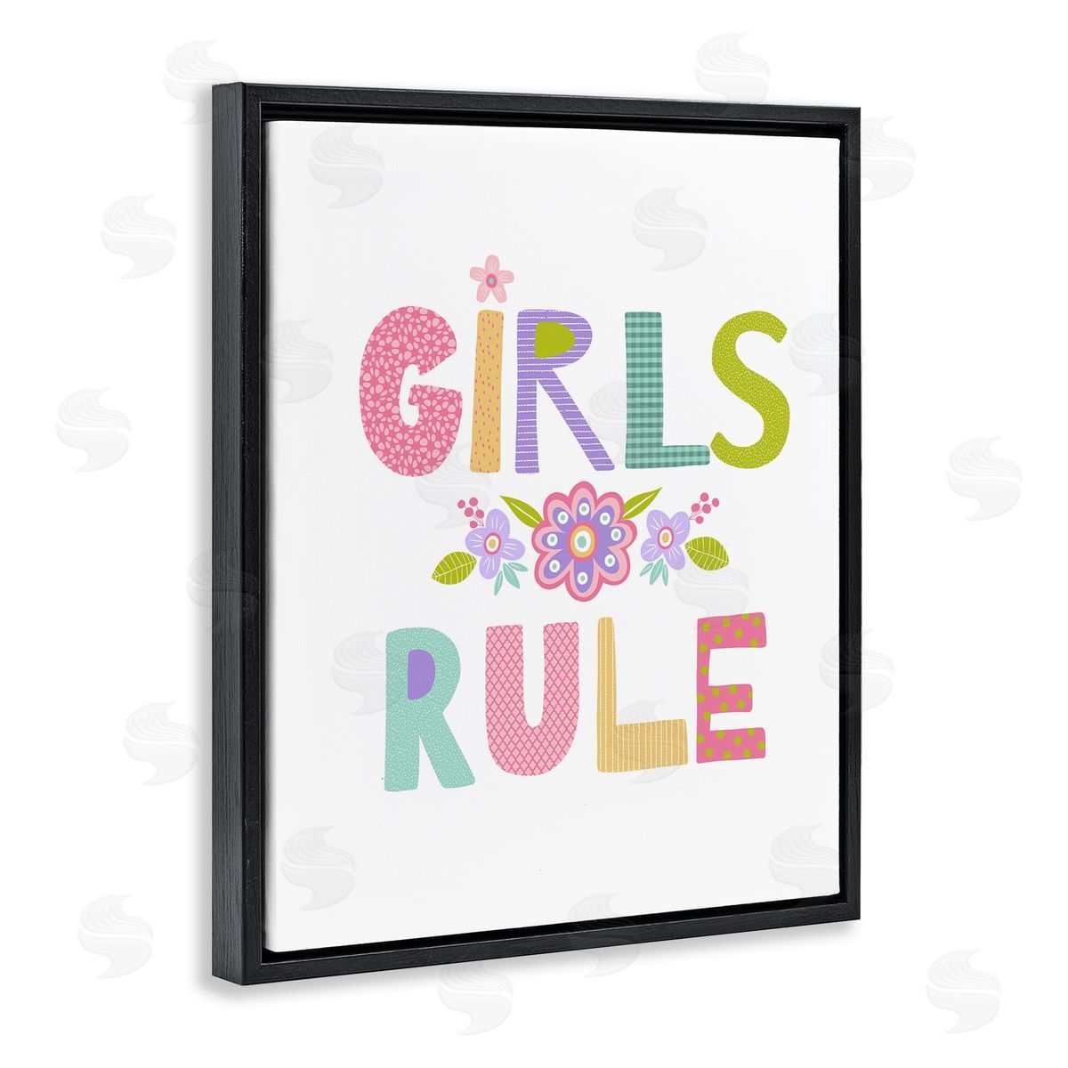 Girls Rule with Flowers Black Floating Frame Canvas Wall Art, Home Decor by Lisa Nohren