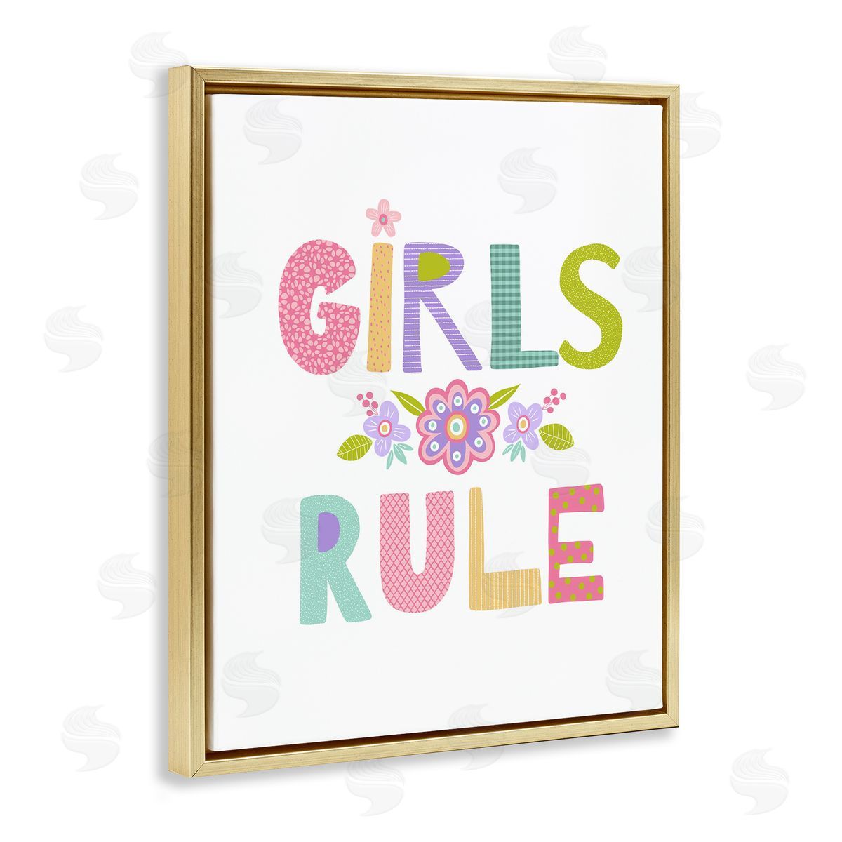 Girls Rule with Flowers Gold Floating Frame Canvas Wall Art, Home Decor by Lisa Nohren