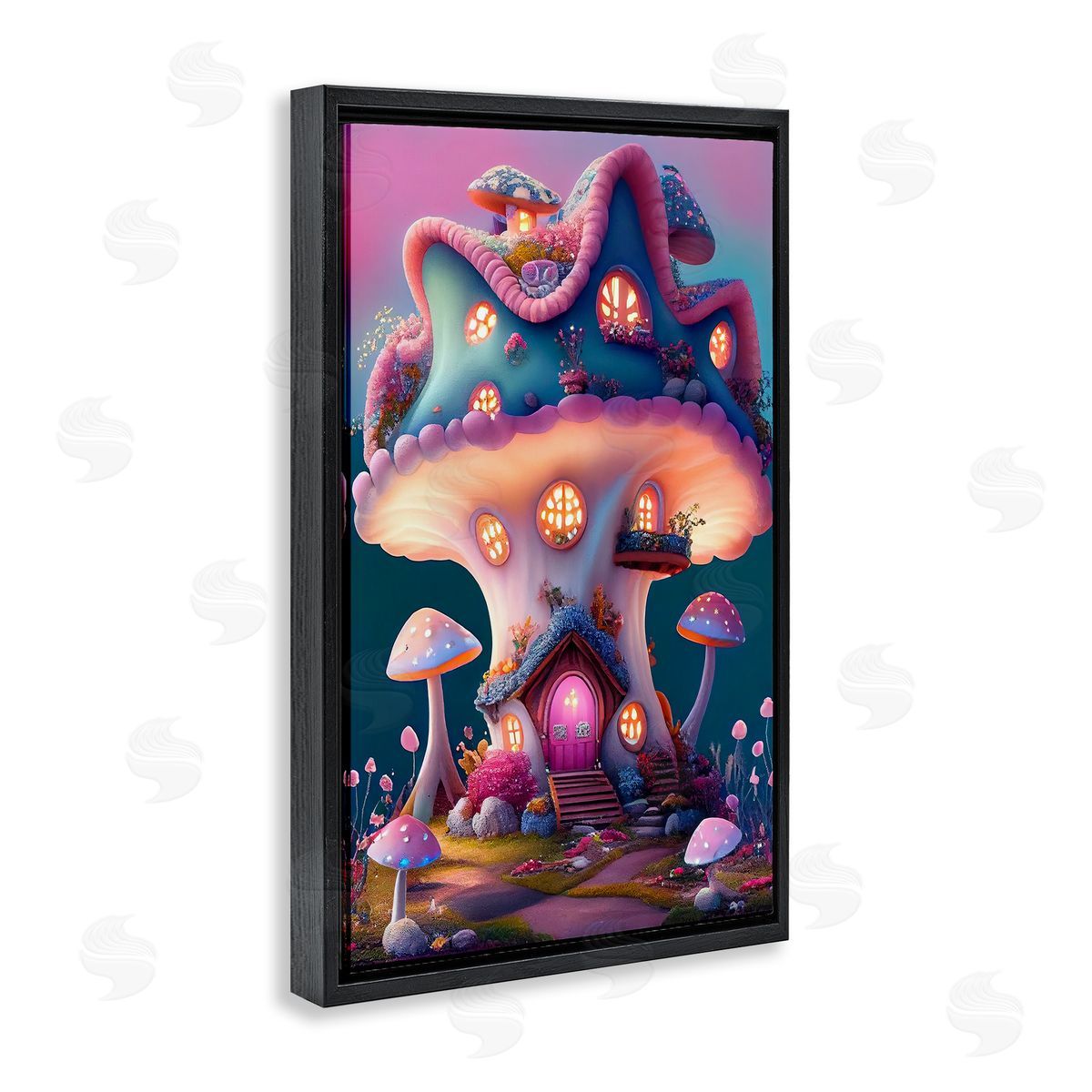 Mushroom Cottage House Black Floating Frame Canvas Wall Art, Home Decor by Sasha