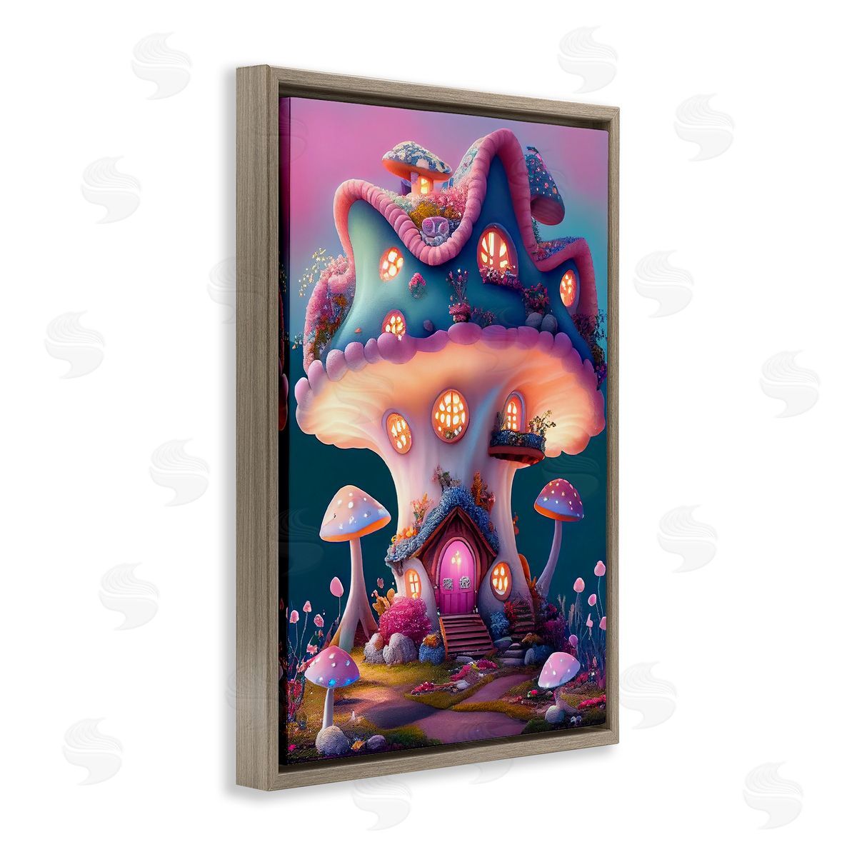 Mushroom Cottage House Brown Floating Frame Canvas Wall Art, Home Decor by Sasha