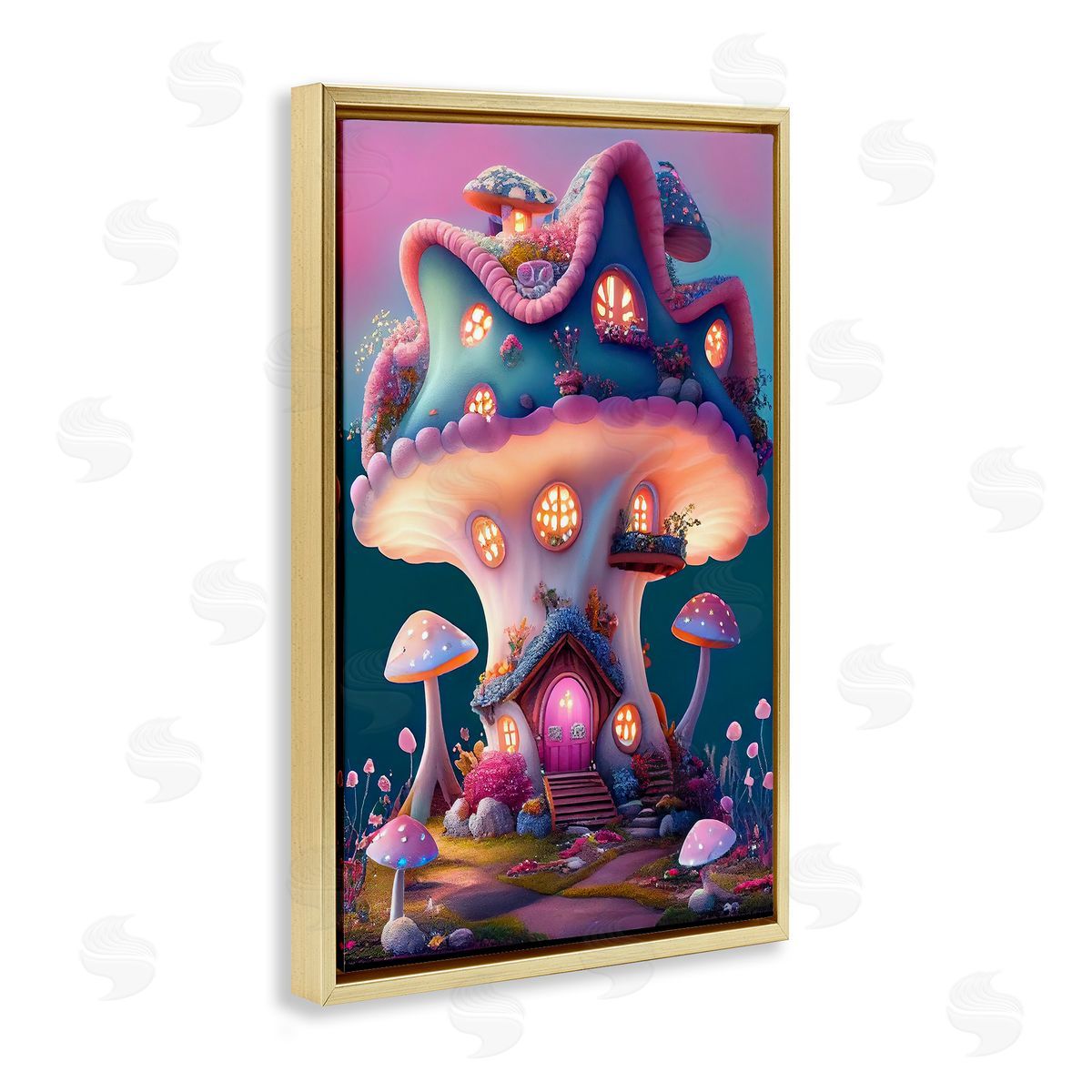 Mushroom Cottage House Gold Floating Frame Canvas Wall Art, Home Decor by Sasha