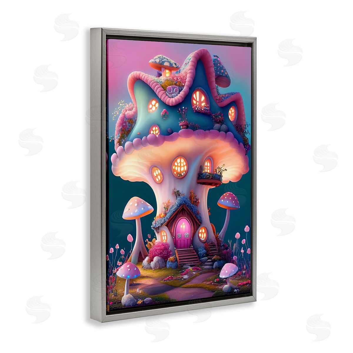 Mushroom Cottage House Grey Floating Frame Canvas Wall Art, Home Decor by Sasha