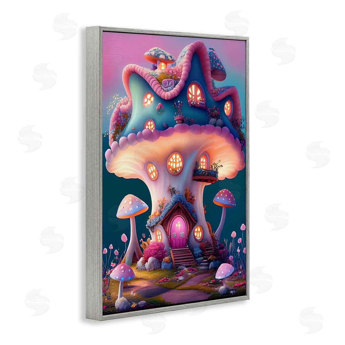 Mushroom Cottage House Grey Frame Print Wall Art, Home Decor by Sasha