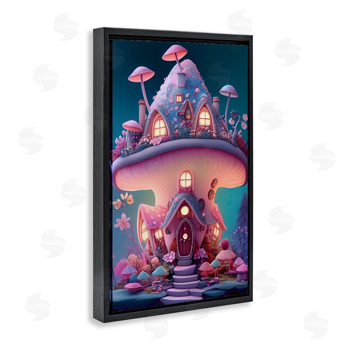 Mystical Mushroom House Black Floating Frame Canvas Wall Art, Home Decor by Sasha