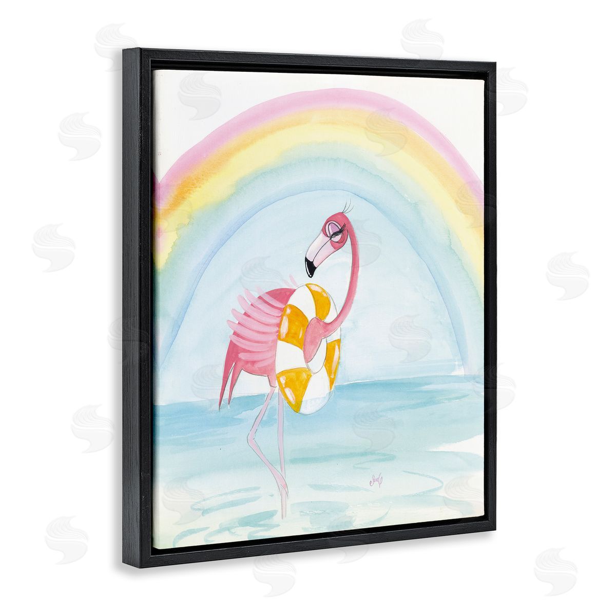 Summer Beach Flamingo Black Floating Frame Canvas Wall Art, Home Decor by Stellar Design Studio