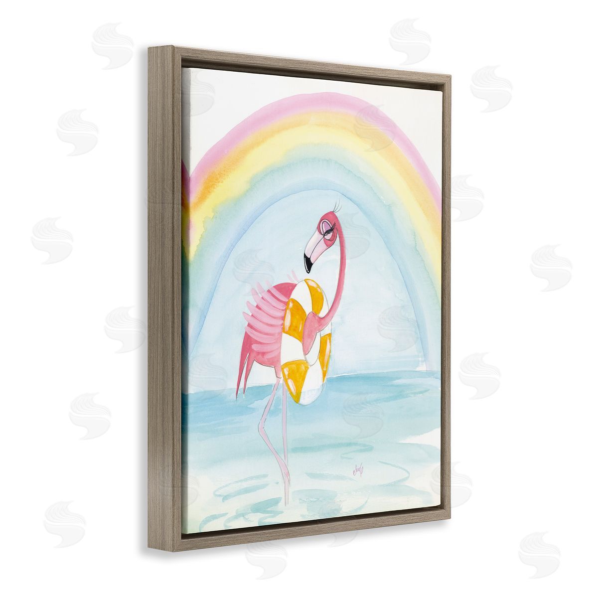 Summer Beach Flamingo Brown Floating Frame Canvas Wall Art, Home Decor by Stellar Design Studio