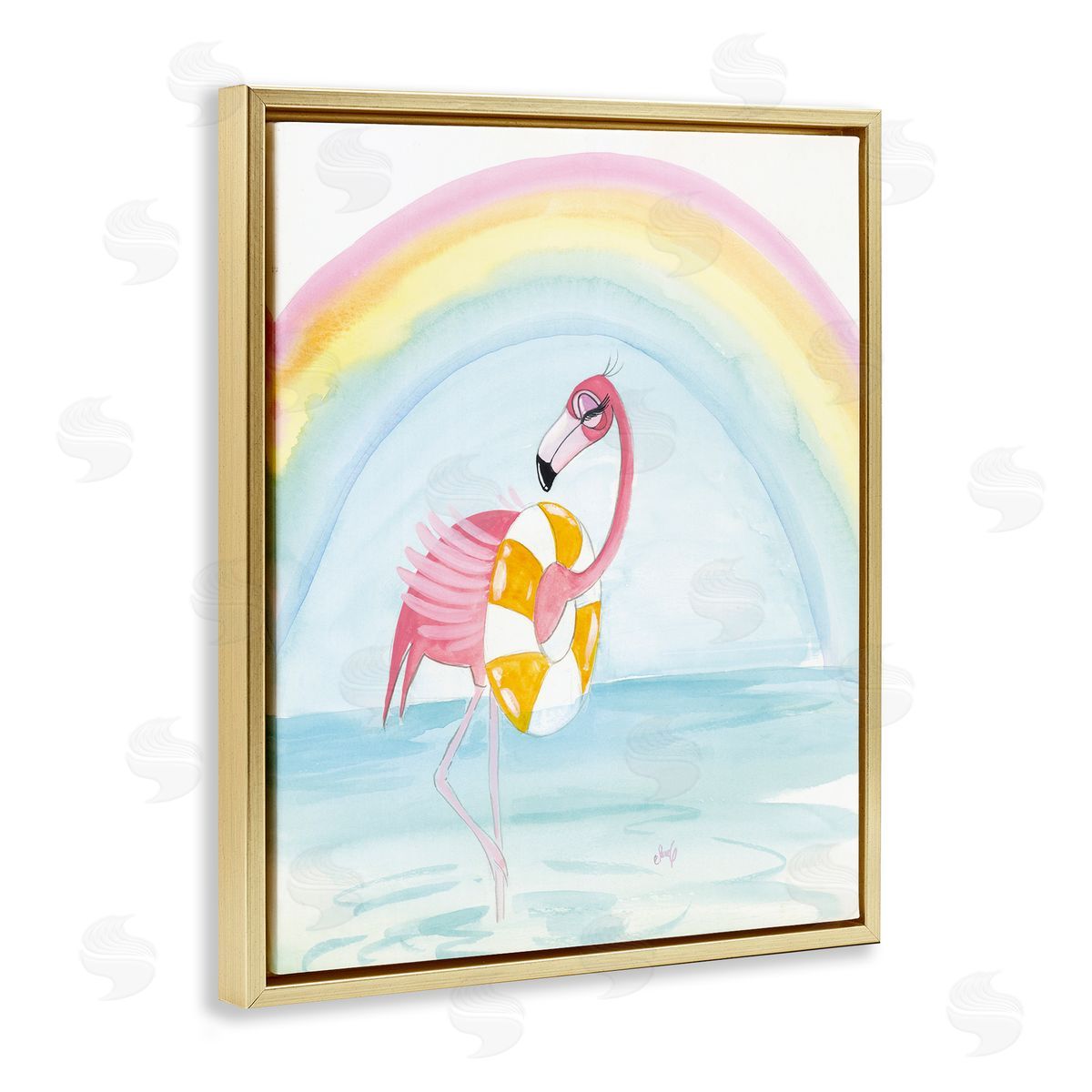 Summer Beach Flamingo Gold Floating Frame Canvas Wall Art, Home Decor by Stellar Design Studio