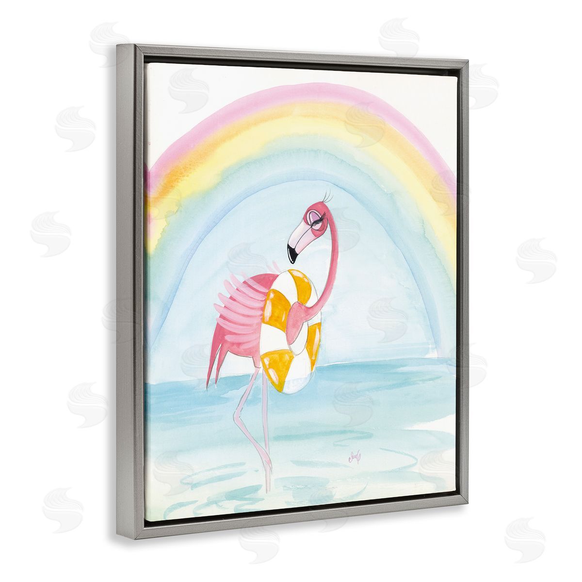 Summer Beach Flamingo Grey Floating Frame Canvas Wall Art, Home Decor by Stellar Design Studio